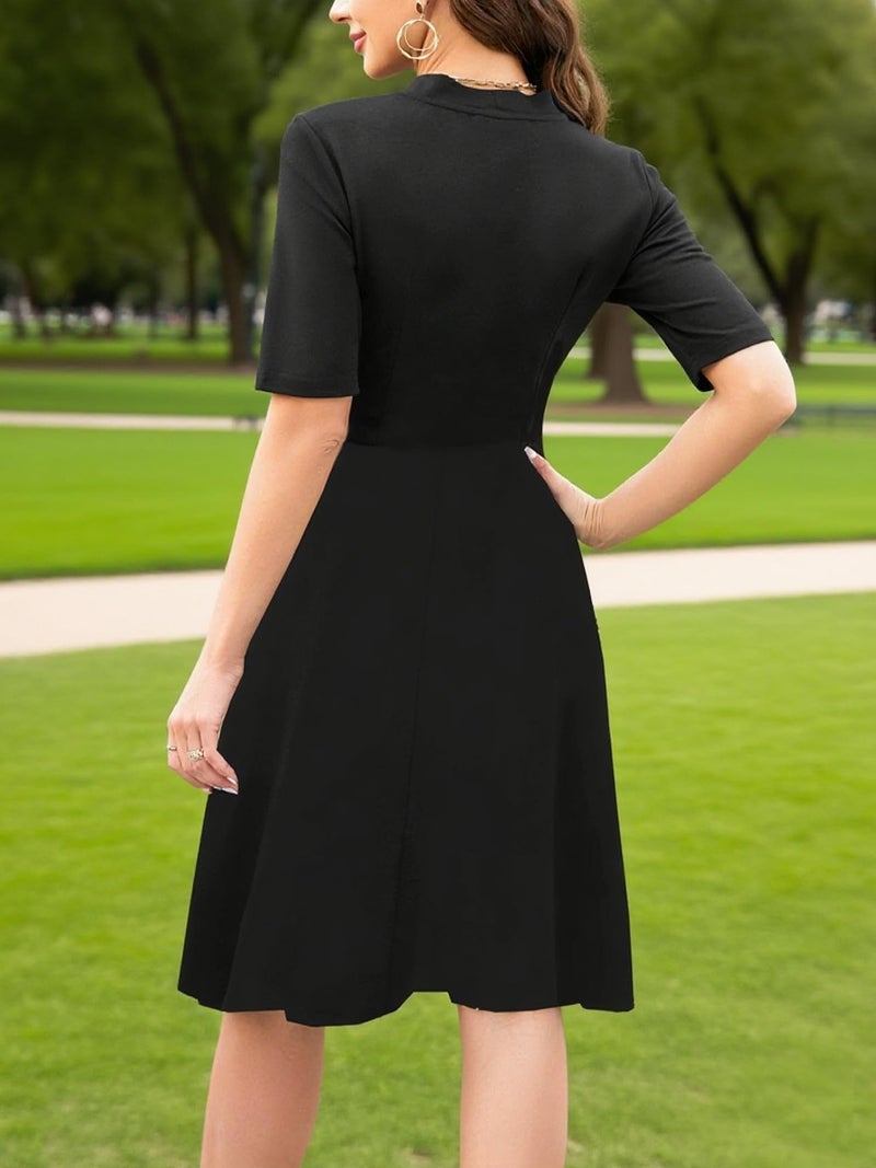 oxiuly Women's Vintage Bow Tie V-Neck Pockets Casual Work Party Cocktail Swing A-line Dresses OX278 (XXL, Black Solid 5) - Image 4
